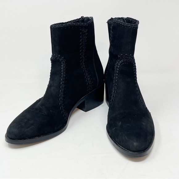 CHELSEA & VIOLET Women’s Black Suede LUCY Crochet Detail Block Heel Booties Sz 7 - Picture 1 of 11